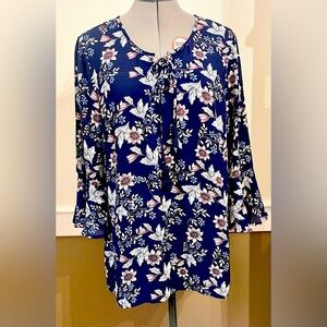 Style & Co Navy Blue Floral Blouse Size M Bell Sleeve Flounce Popover Top